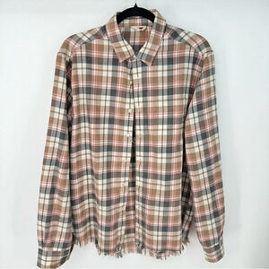 Frame Plaid Button Up Long Sleeve Raw Hem Flannel